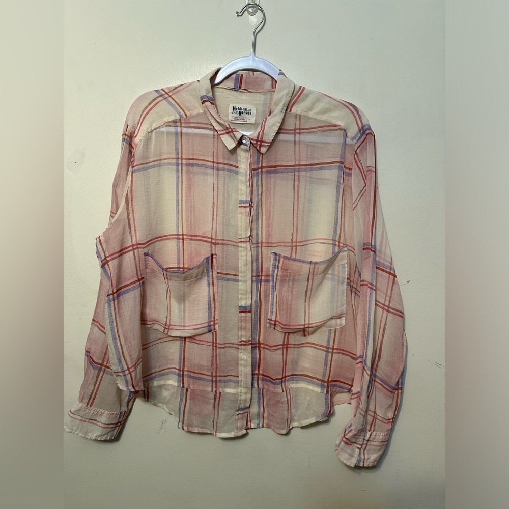 Holding Horses ANTHROPOLOGIE Medium Western Pink Plaid Sheer Blouse Top BOHO